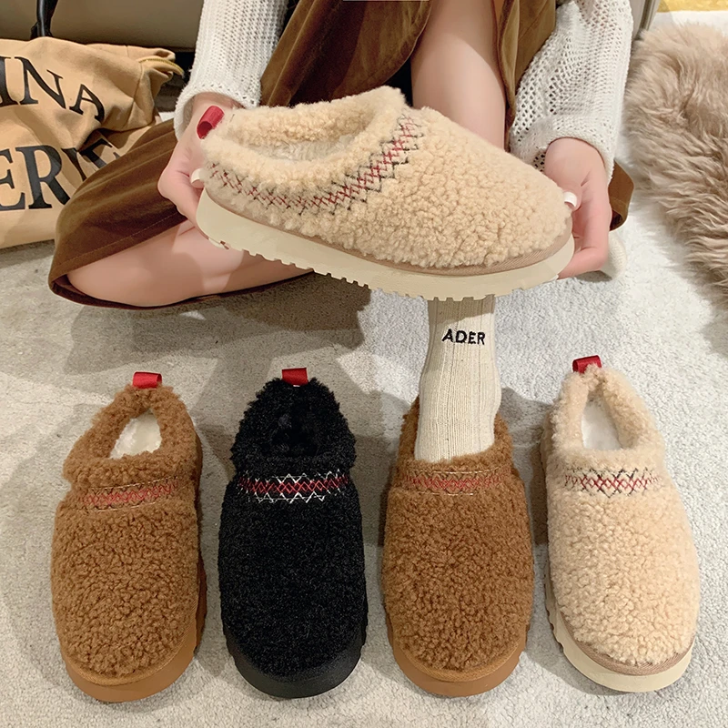 红蜻蜓牌毛毛拖鞋女外穿2023秋冬新款复古羊羔毛松糕厚底防滑懒人