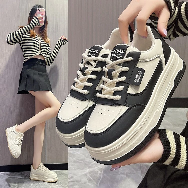厚底板鞋女款小白鞋女2023新款春秋款运动休闲鞋黑白熊猫鞋