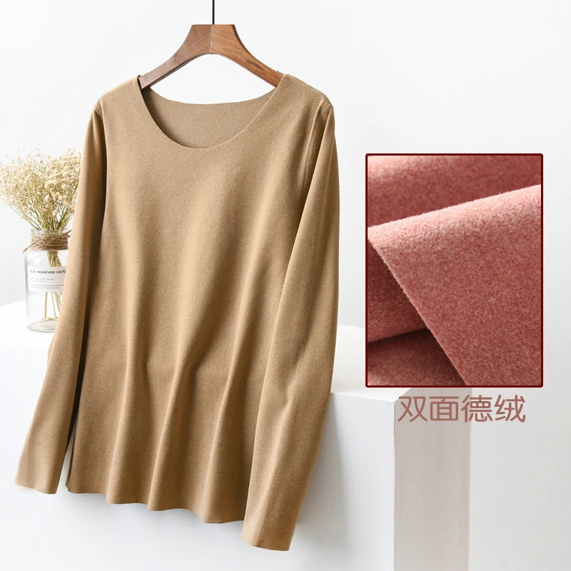 双面绒保暖内衣女加绒加厚长袖圆领打底衫秋冬季发热德绒防寒秋衣