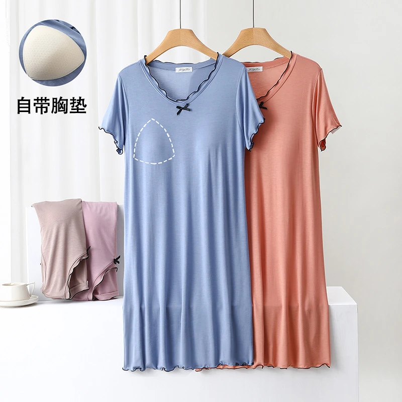 莫代尔带胸垫睡裙女夏季睡衣大码宽松连衣裙外穿木耳边短袖家居裙