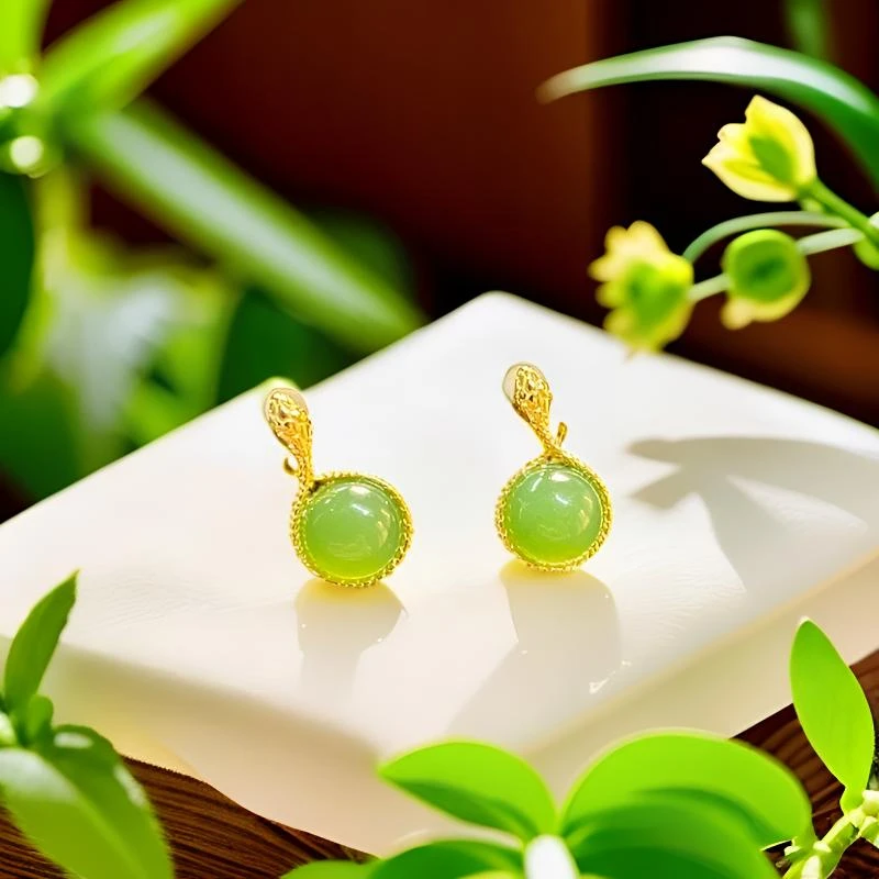 S925银镀金镶嵌正品纯天然和田玉碧玉蛋面小蛇耳钉