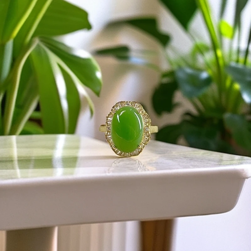 S925银镀金镶嵌正品纯天然和田玉碧玉蛋面戒指