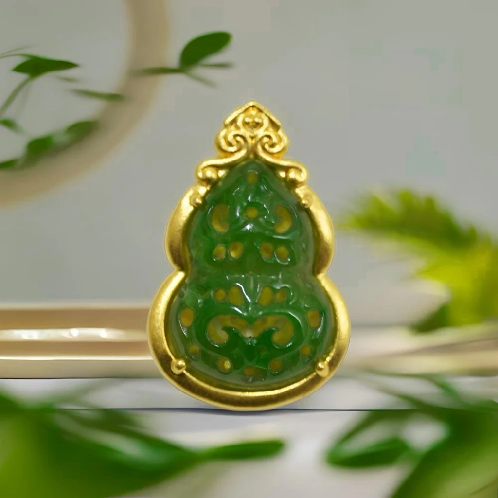 足金999镶嵌纯天然和田玉碧玉气质百搭镂空葫芦福禄吊坠