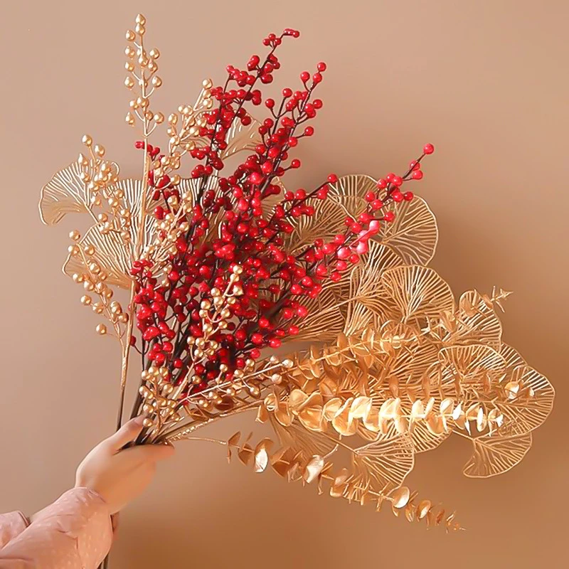红果子仿真花发财果假花商场结婚福桶金色银杏叶尤加利爱心草批发