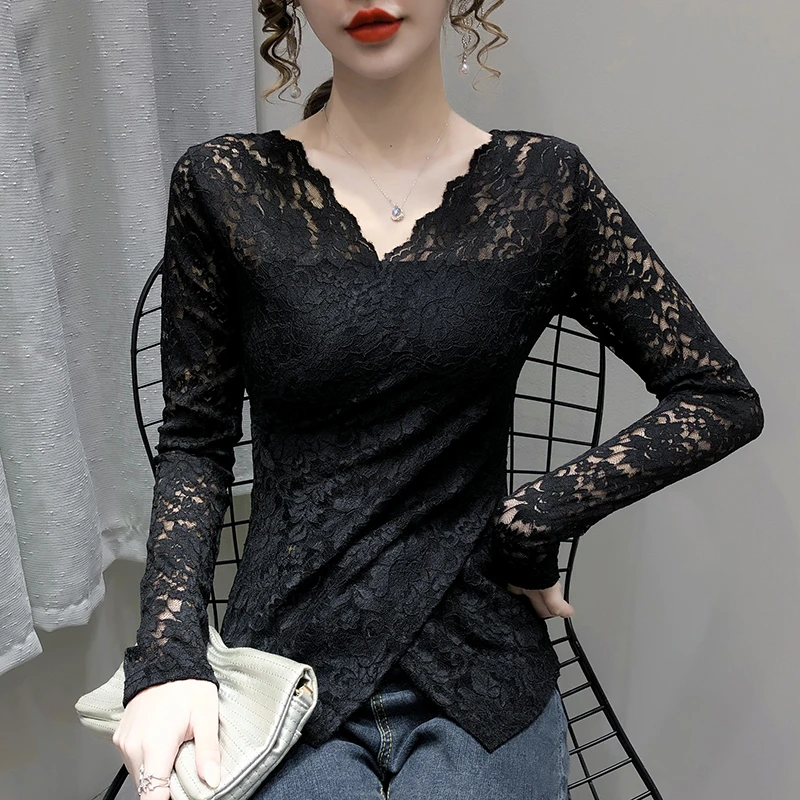 2023新款修身V领百搭长袖女性感镂空显瘦蕾丝花边拼接开叉上衣潮
