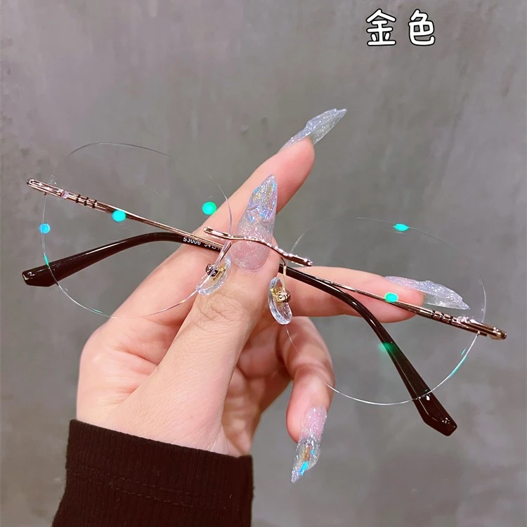 新款时尚复古无框眼镜女近视可配有度数加散光男椭圆素颜变色韩潮