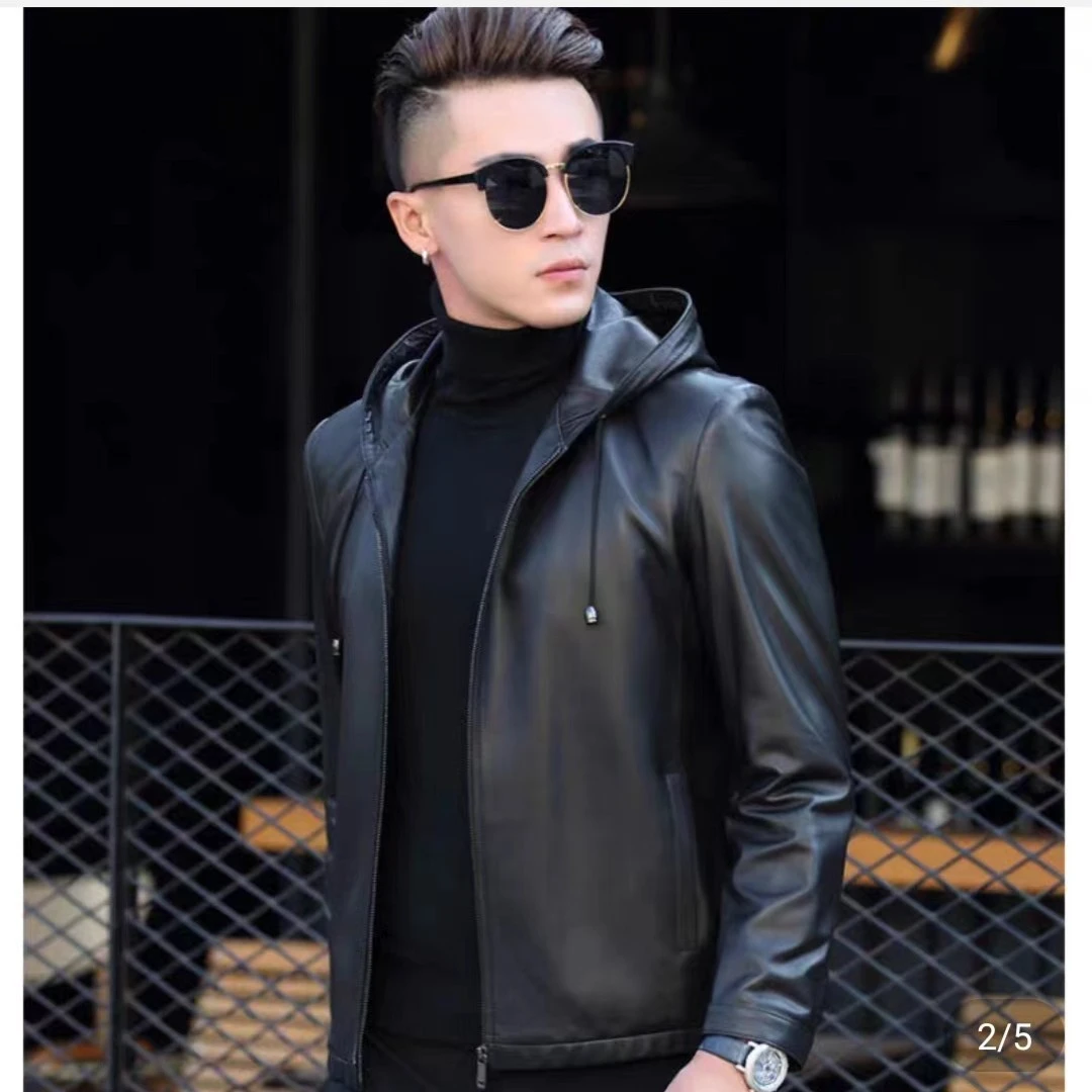 海宁2024男士绵羊植鞣皮夹克外套连帽短款修身韩版时尚保暖