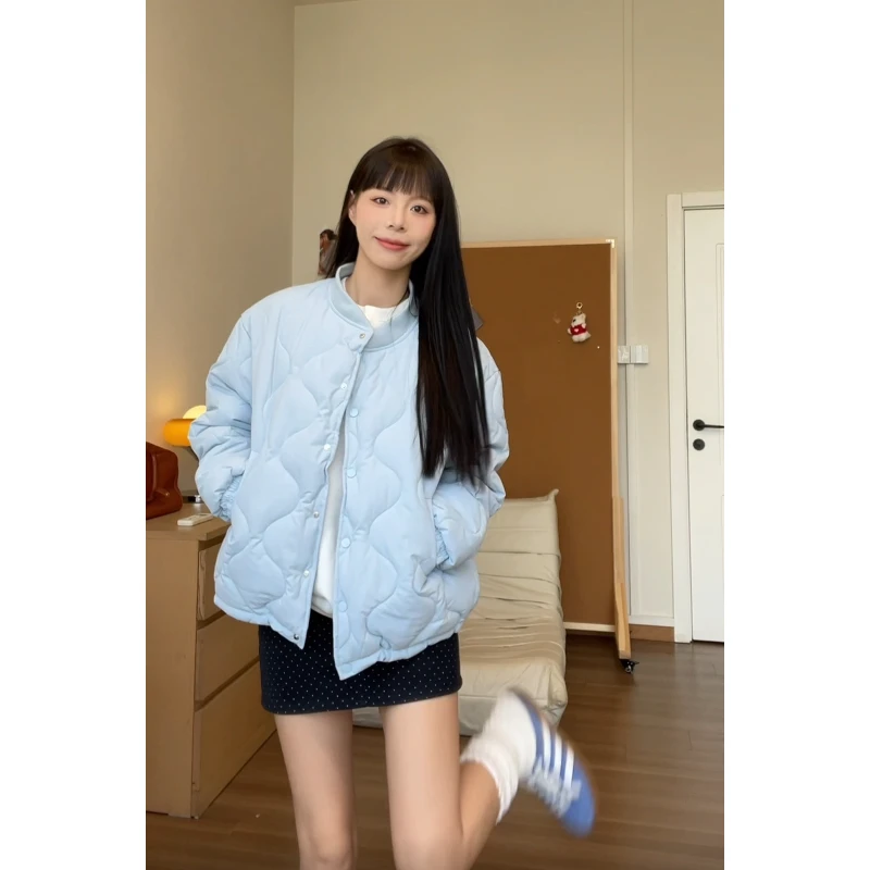 奶蓝色简约冬季棉服女韩系棉袄秋冬夹棉外套菱格棉服