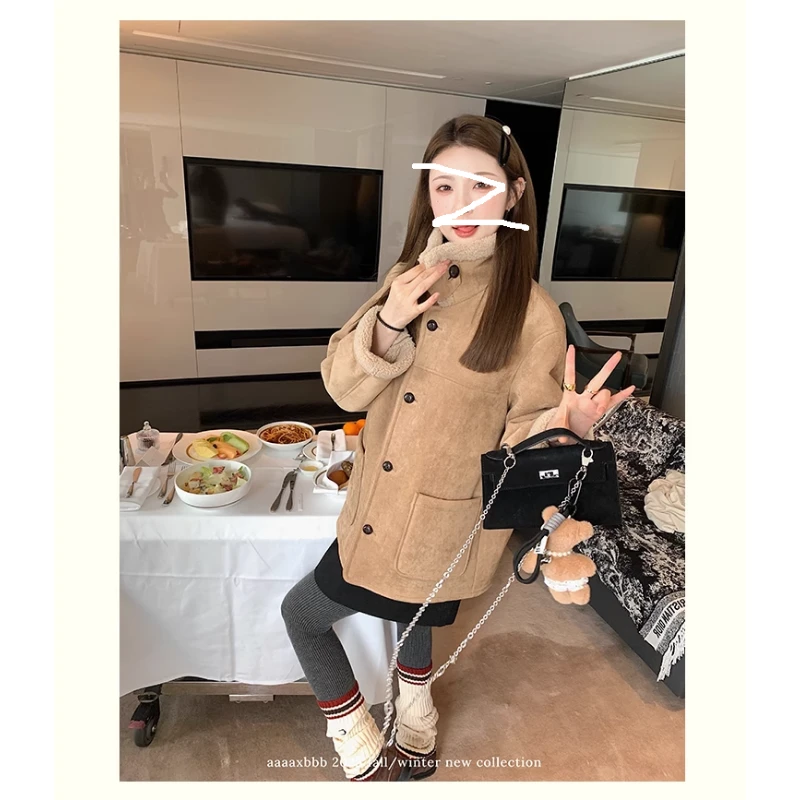 秋冬新款皮毛一体外套女冬季加绒保暖工装风立领卡其色毛毛大衣冬