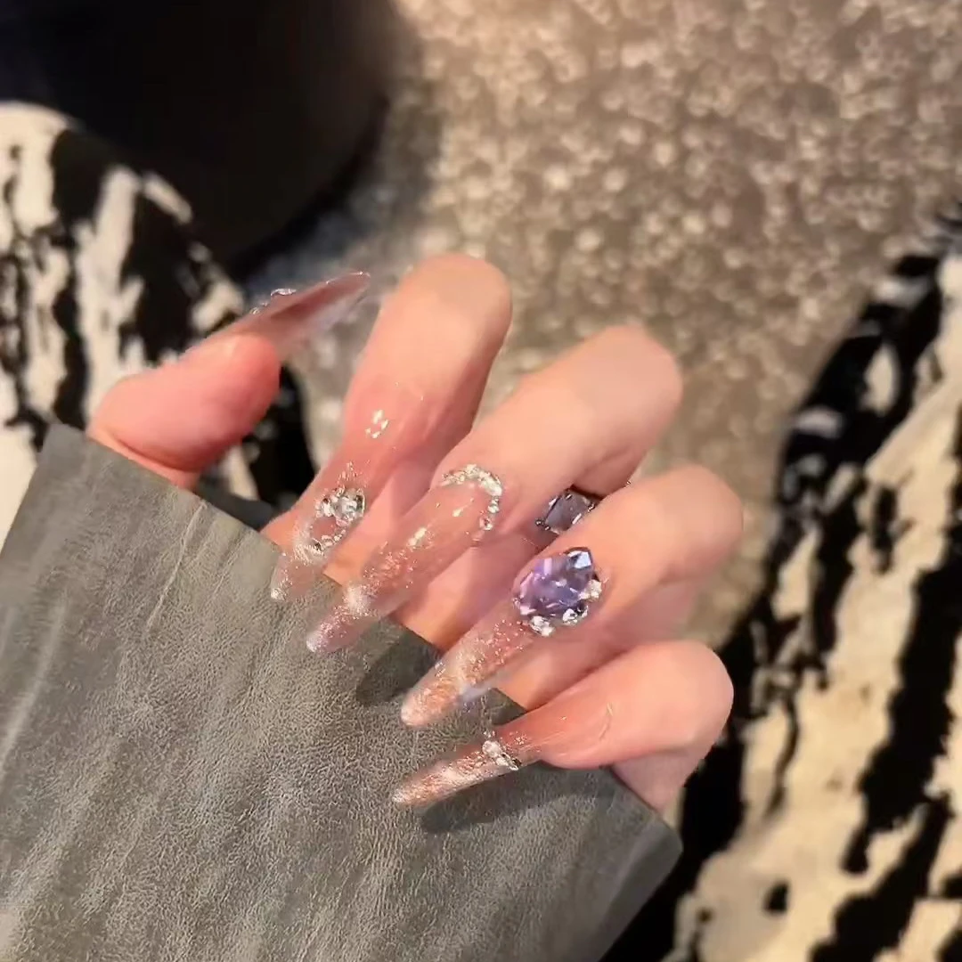 【腮红泡泡冰】纯手工穿戴甲爱心碎钻细闪天鹅蓝钻猫眼细狗