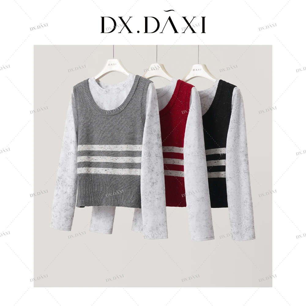 DX.DAXI【遇见图书馆】早秋新款长袖T恤+针织背心两件套装套头