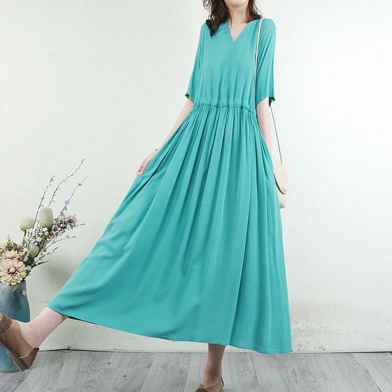 6373#蓝色文艺印花气质纯色长裙连衣裙舒适透气国风长款夏天裙子