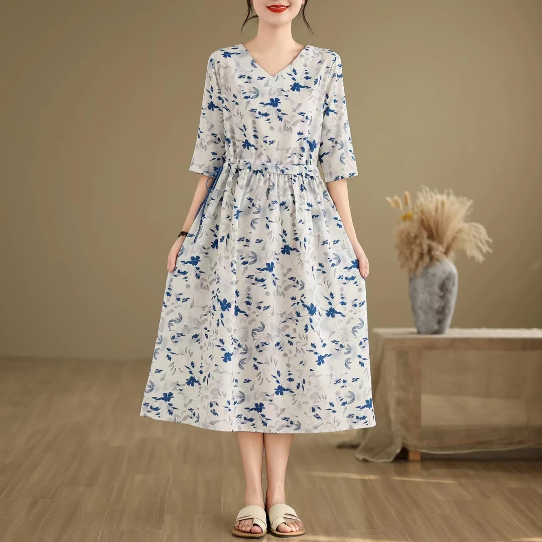 6910#夏季碎花裙连衣长裙印花系带中国风夏天a字大码女装连衣裙
