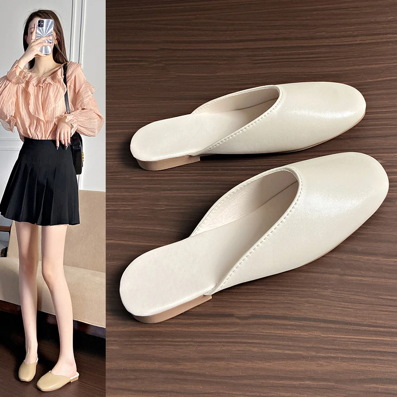 包头半拖鞋女夏外穿2024新款夏季鞋子方头穆勒鞋凉拖平底法式单鞋