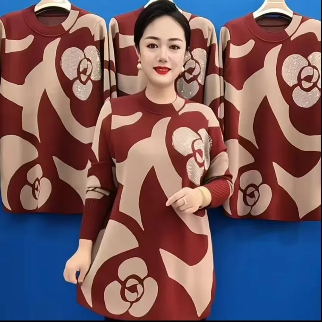 新款秋冬圆领针织衫花朵针织衫妈妈装套头休闲宽松长袖百搭针织衫