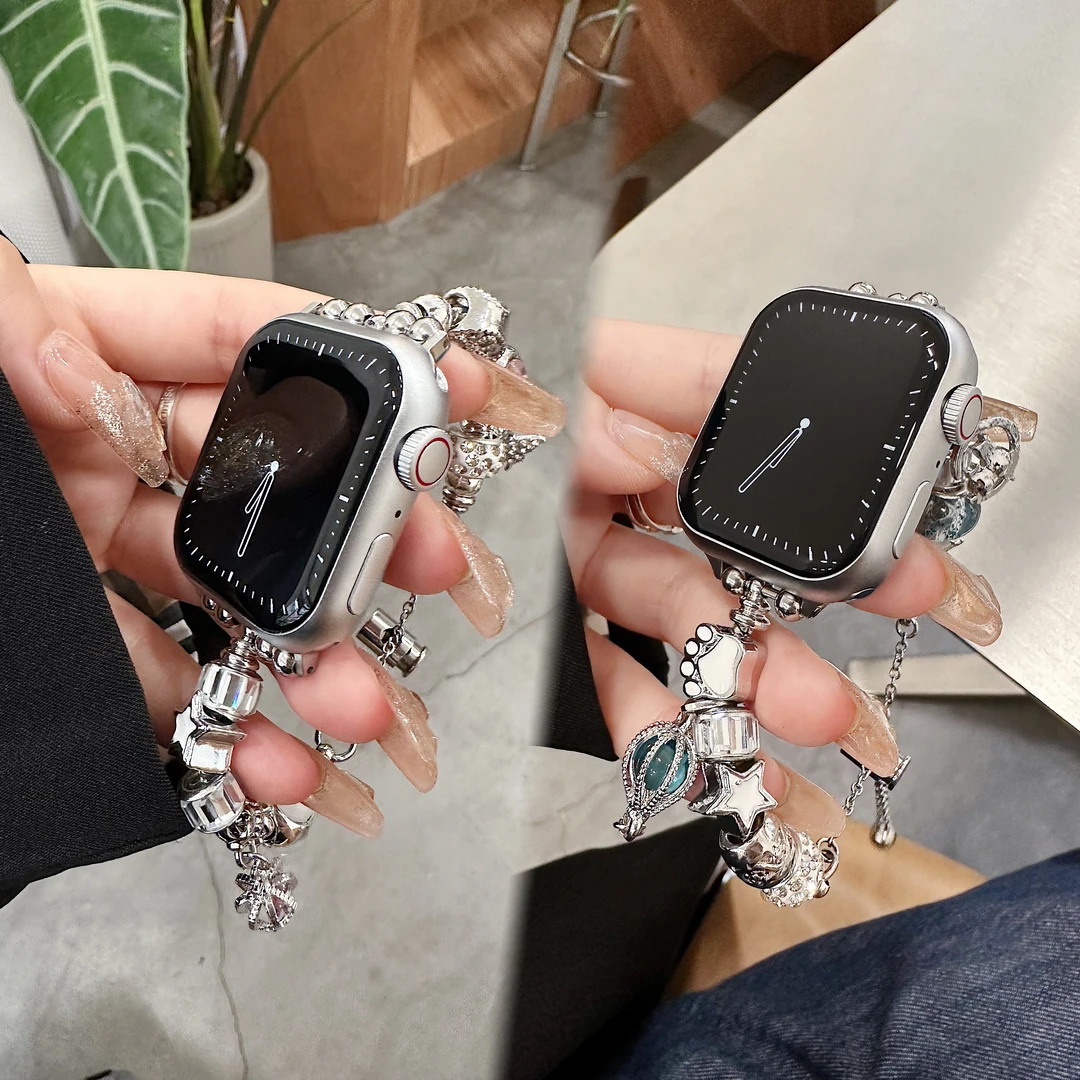 适用于appleWatch金属蓝色星球串珠手链iwatchs9s876-1se表带女款