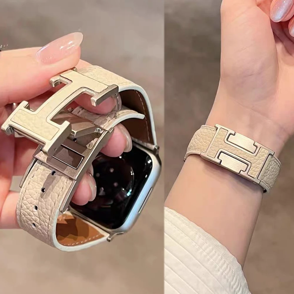 新荔枝纹真皮H型磁吸扣表带适用苹果S11applewatch10S987se高级感