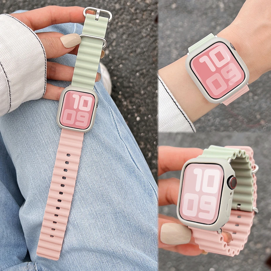两条海洋硅胶撞色iwatch表带 适用于applewatchs9S8seUltra男女款