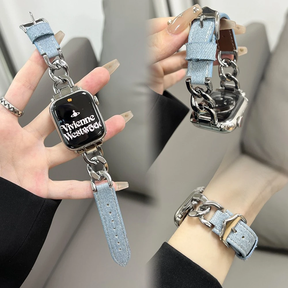 新款小众牛仔金属链适用于iwatch表带applewatchs9s8~1SEse男女款