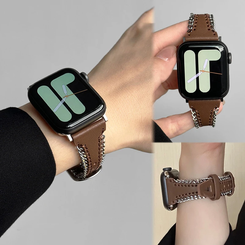新款ins真皮金属链iwatch表带适用于applewatchs876543代ses9男女