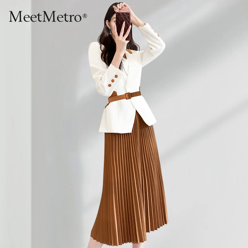 MeetMetro玛依尔2024秋新款收腰小西服百褶半身裙职业时尚套装女