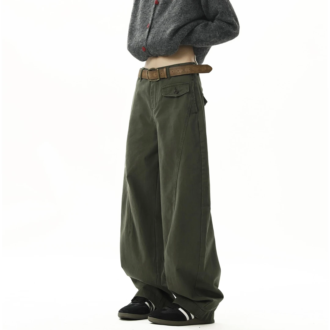 军绿色弯刀工装裤男美式潮牌cleanfit痞帅微喇裤子秋冬季阔腿长裤