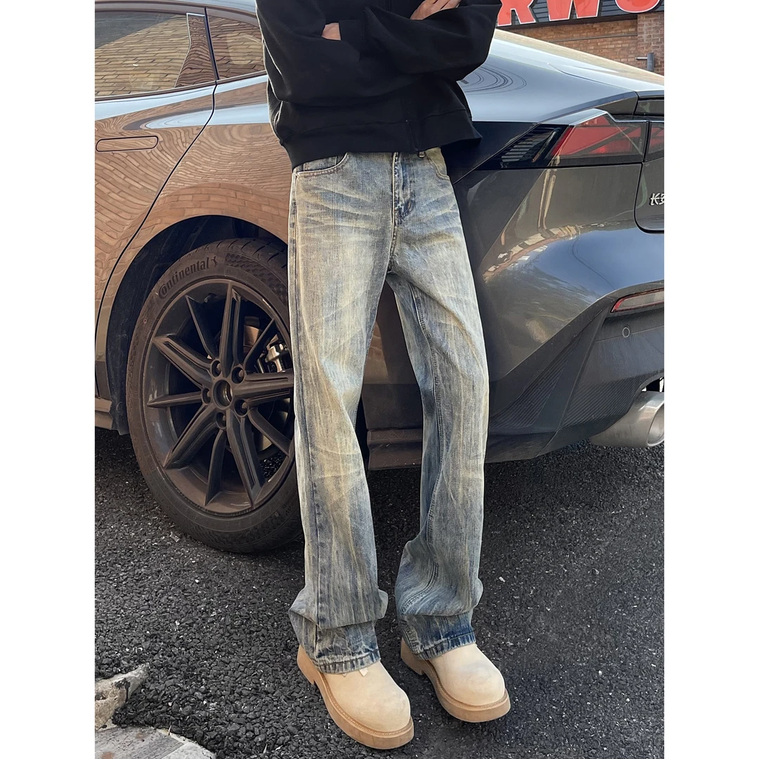 美式高街vibe水洗复古蓝闪电纹微喇牛仔裤男痞帅修身高级感裤子