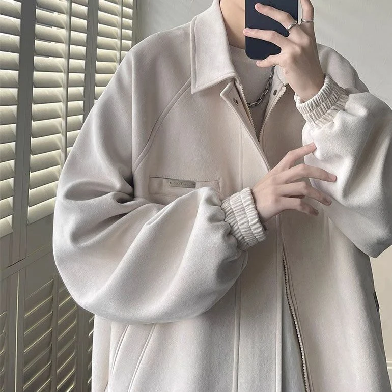 仿麂皮绒外套男款秋冬季美式痞帅潮流潮牌青少年百搭休闲翻领夹克