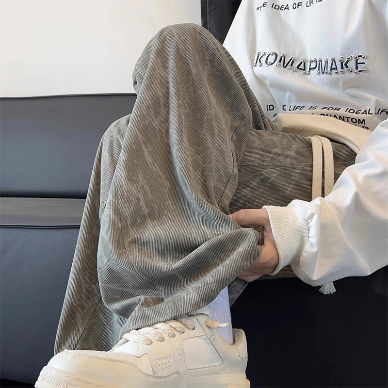 巴家灯芯绒弯刀裤子男秋季美式宽松直筒潮流拖地阔腿休闲裤青少年