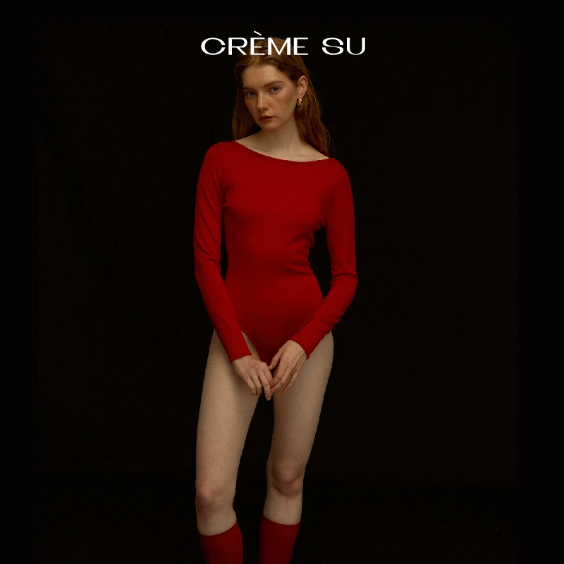 CremeSu交织系列针织衫100%羊毛打底衫纯色V领复古上衣长袖修身