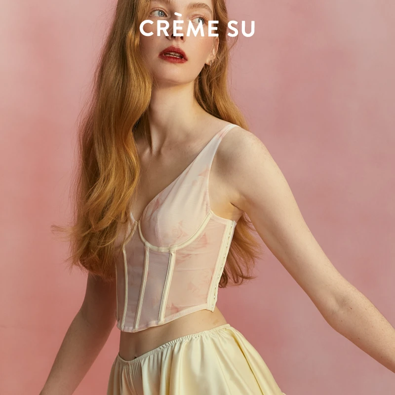 CremeSu趣味爱意玫瑰印花鱼骨收腰胸衣轻薄网纱可外穿吊带背心式