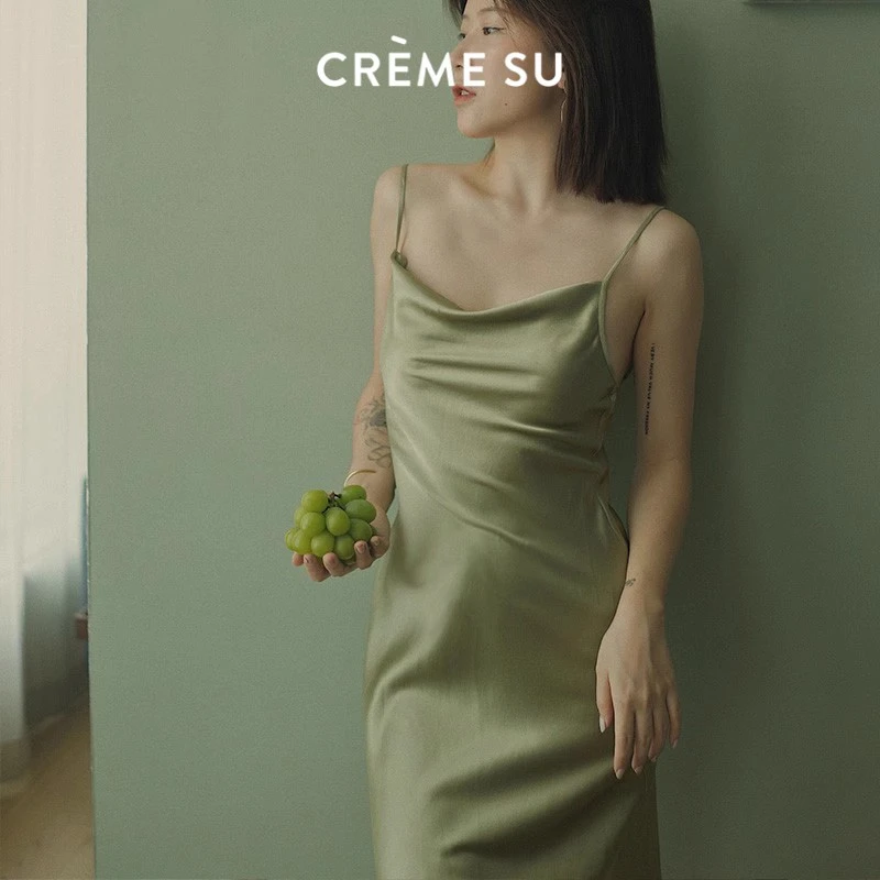 CremeSu真丝睡裙slipdress重磅23mm桑蚕丝全斜裁吊带裙睡衣女