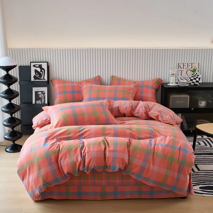 新款全棉色织水洗棉纯棉四件套简约格子无印风双面可用