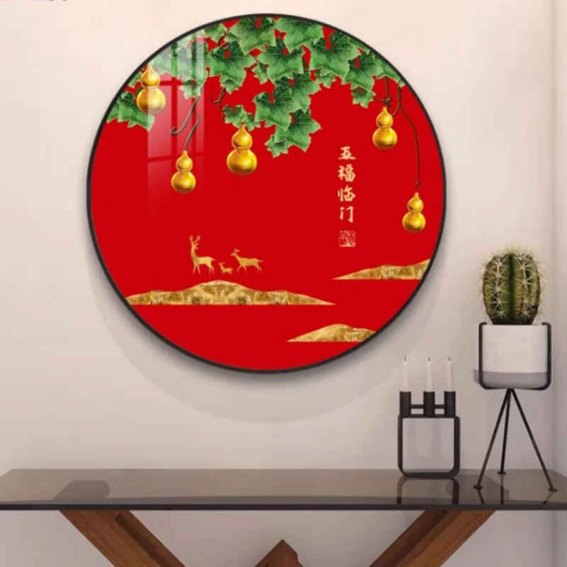 晶瓷水晶圆形福禄有余进门玄关走廊装饰画五福临门新中式送祝福画