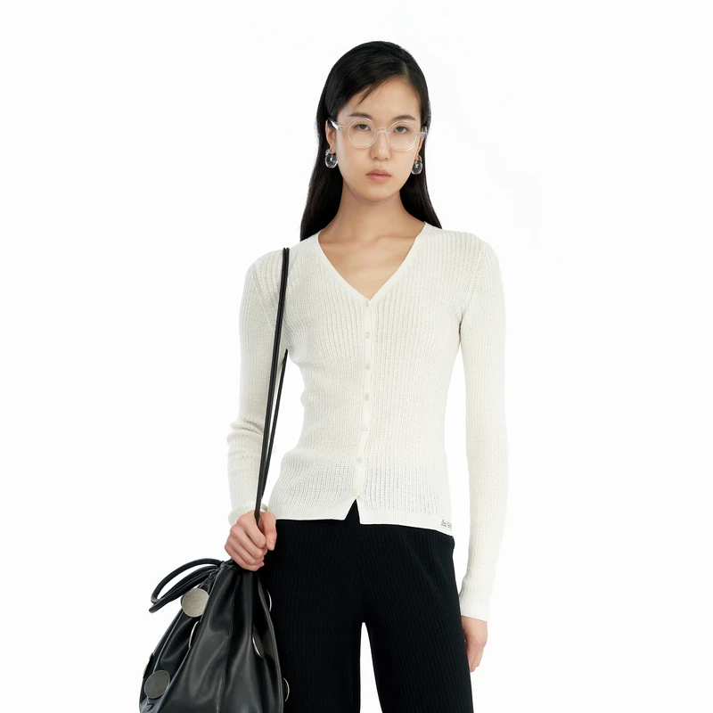IIIVIVINIKO "美丽诺羊毛棉混纺"V领针织开衫B430254649A