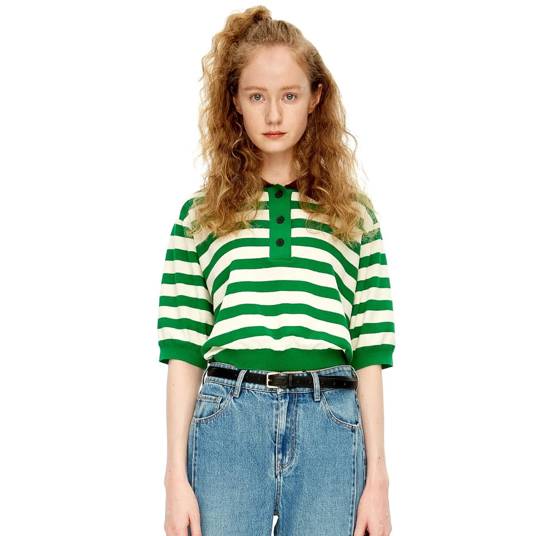 IIIVIVINIKO薇薏蔻撞色条纹POLO领套头针织衫黑色间条R230190673A