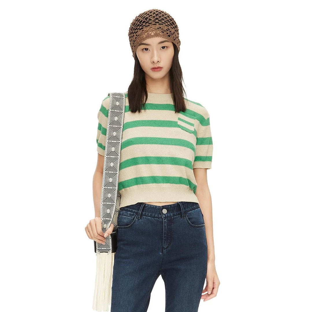 【设计师品牌】IIIVIVINIKO薇薏蔻短袖条纹针织上衣M210109609B