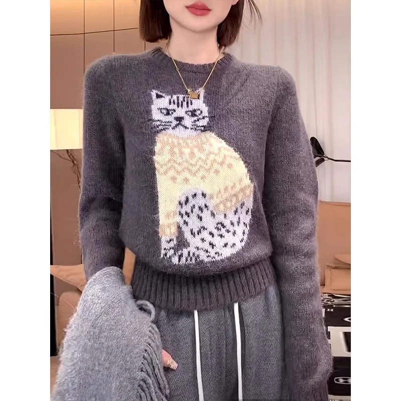 猫咪圆领针织衫女2024秋冬季新款套头毛衣百搭小个子短款长袖上衣