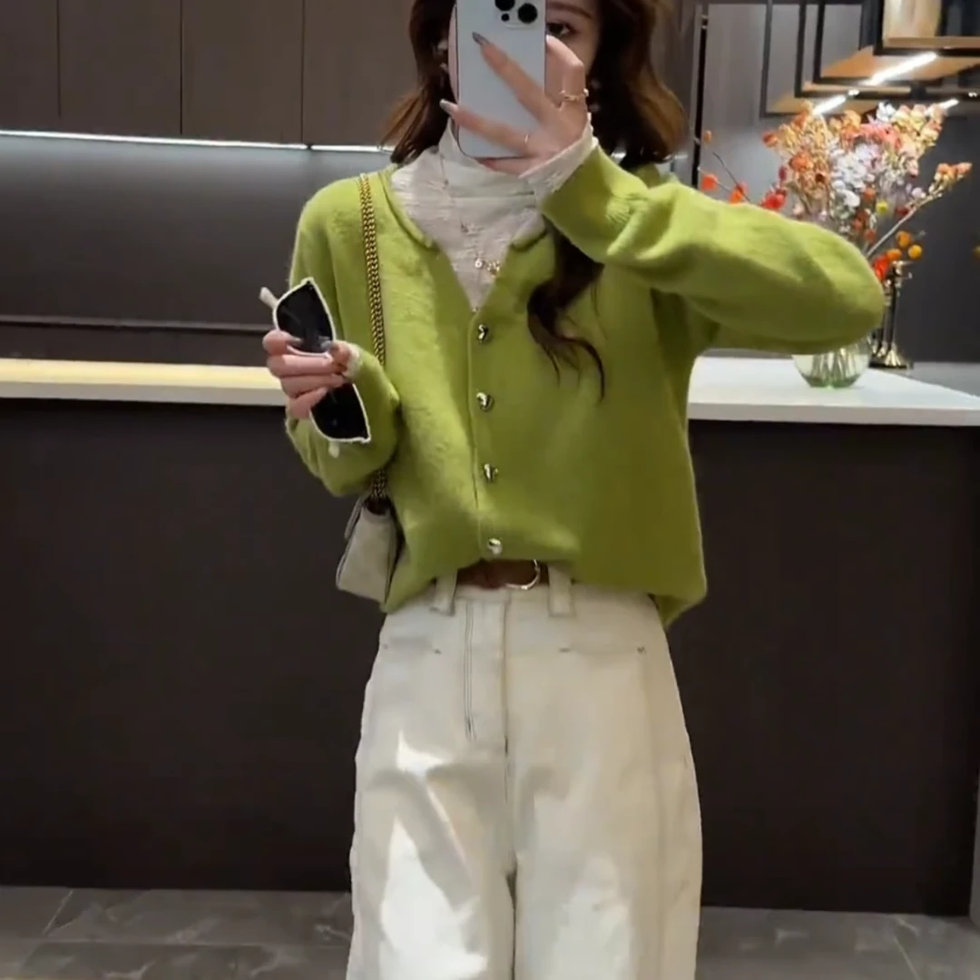 韩版V领长袖针织开衫蕾丝打底2024秋冬慵懒风软糯外穿毛衣两件套