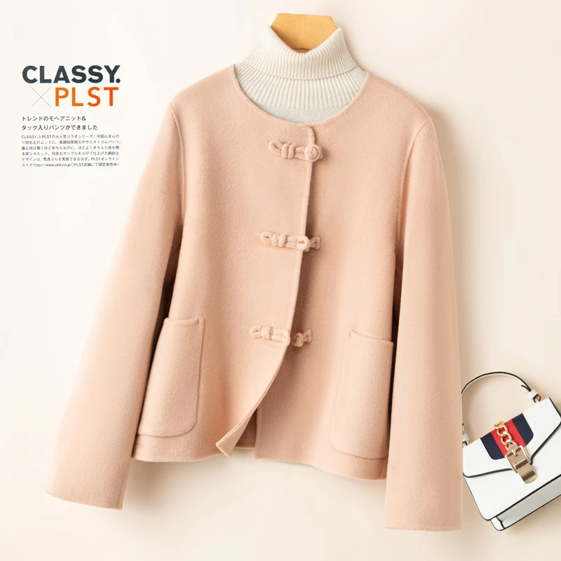 2024春新款粉色双面羊毛大衣女短款国风盘扣小个子毛呢外套高级感