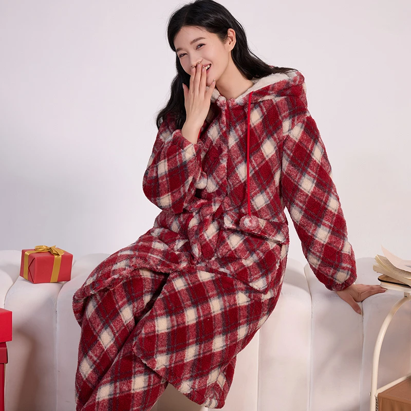 红色菱格 大喜家居服夹棉女睡衣保暖加厚亲肤睡裙舒适套装9003