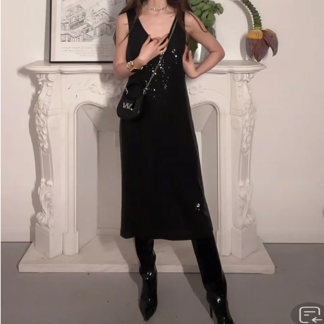 WANGZI黑闪背心连衣裙长裙