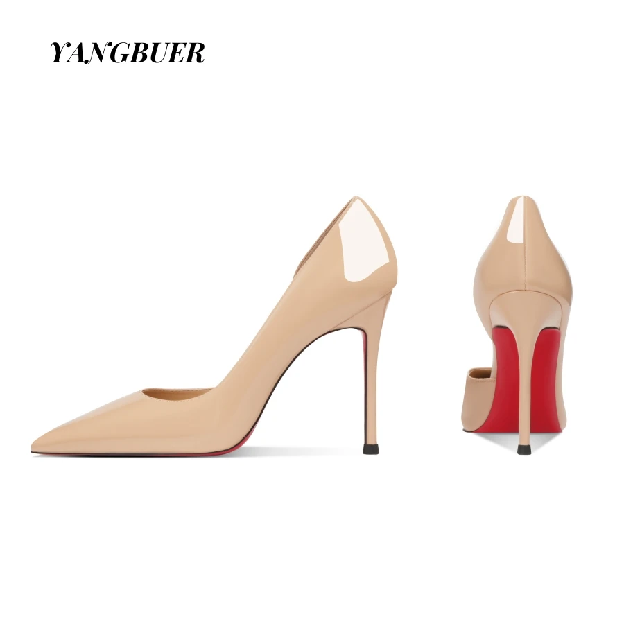 侧空尖头红底高跟鞋女裸色漆皮细跟浅口单鞋法式性感通勤工作鞋子