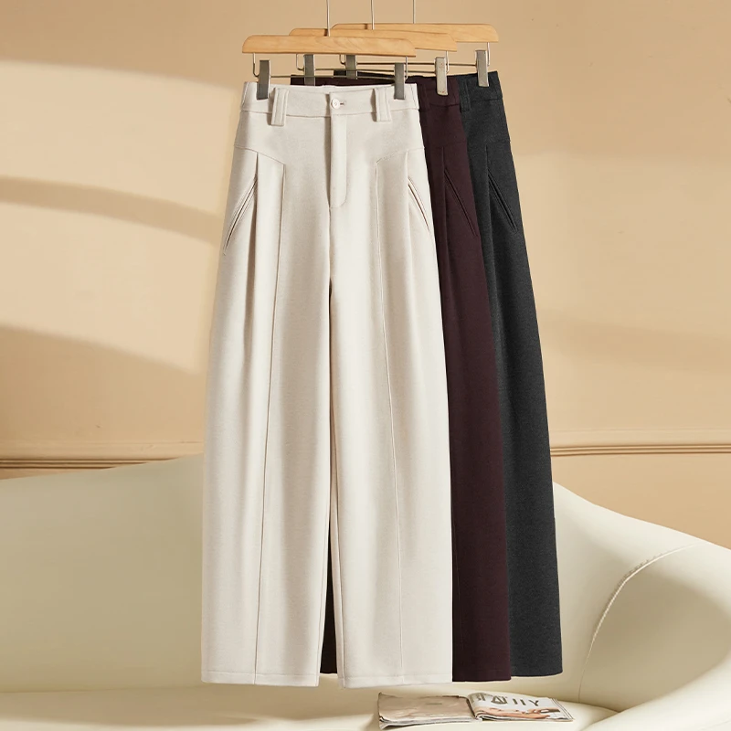 秋冬季软毛呢窄版直筒裤女士2024新款高腰休闲百搭显瘦直筒保暖裤