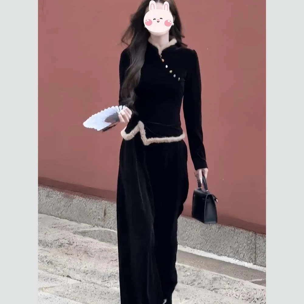 新中式国风套装秋冬季加厚高级感丝绒不规则上衣显瘦阔腿裤两件套