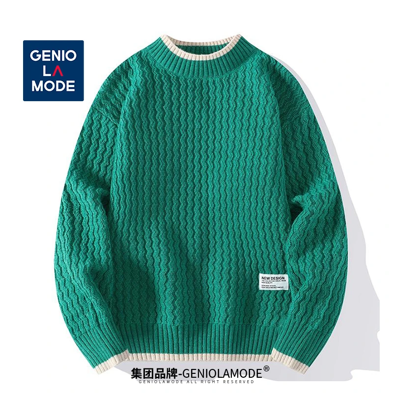GENIO LAMODE假两件针织毛衣男款拼接撞色秋冬圆领打底情侣套头衫