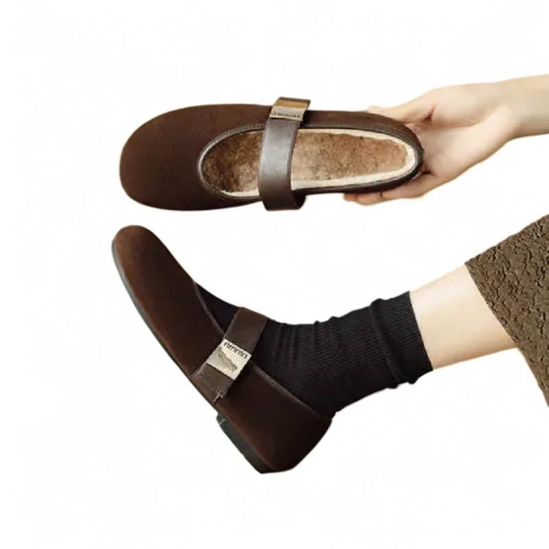 Dhh跟高1cm羊反绒平底加厚玛丽珍磨砂芒果头单鞋超软奶奶鞋