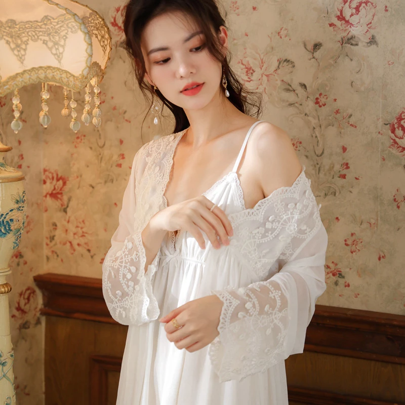 长袖睡袍女睡裙春胸垫睡衣裙网纱外穿家居服套装秋冬睡衣新娘晨袍