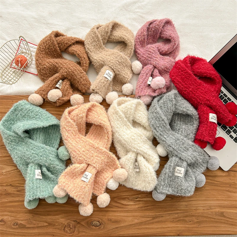 【文文妈】针织围脖女童秋冬季毛球脖套小孩子冬天加厚保暖毛绒围巾