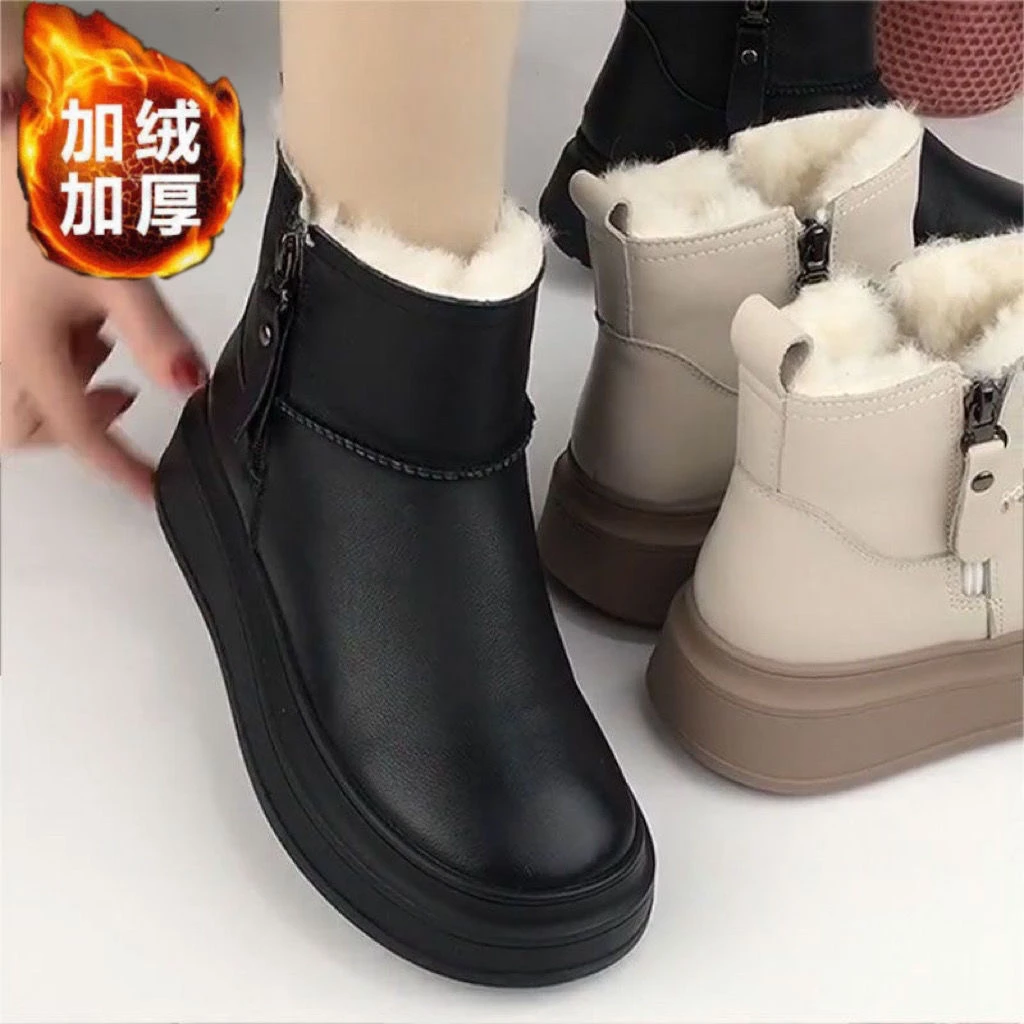 2023冬季新款东北加厚绒保暖雪地靴女厚底百搭防滑皮面短靴女棉鞋